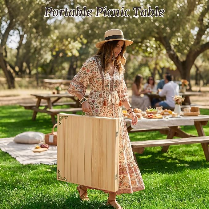 Low Picnic Table with 2 Adjustable Heights – Boho Wooden Picnic Table with Table Runner, 79" x 32" Size for 8, Portable & Foldable for Beach, Camping & Forest