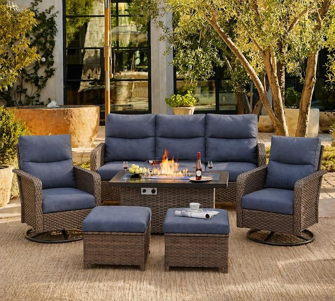 XIAO WEI 6-Piece Outdoor Furniture Set with Fire Pit Table, Wicker Patio Conversation Set with Cushions & Swivel Glide Chairs, All-Weather Patio Furniture Set for Backyard, Garden, Deck (Blue)