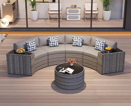 Restland Half Moon Patio Furniture Set with Tables,7 Pieces Wicker Outdoor Sectional Curved Sofas, Round Conversation Set, Grey Rattan