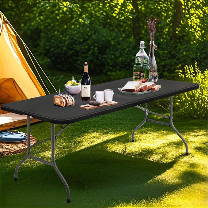 Plastic Folding Camping Table, Indoor Outdoor Collapsible Rectangle Dining Table, Portable Fold-in-Half Utility Table w/Handle for Party Wedding, Black, 72 Inch