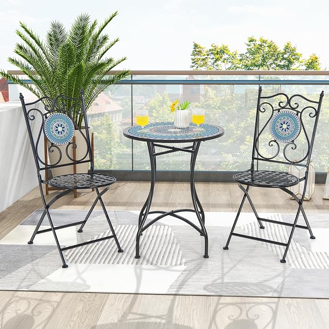 Giantex 24 Inch Patio Bistro Table, Mosaic Round Table w/Ceramic Tile Tabletop, Heavy-Duty Metal Structure, Outdoor Dining Table for Backyard, Garden, Porch (Multicolor (Floral Pattern))
