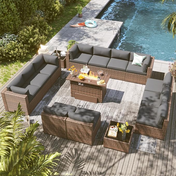 LazySunsets 15 Piece Outdoor Patio Furniture Set with 44'' Fire Pit Table, Outdoor Patio Furniture Set with 4'' Thicken Cushion, Wicker Rattan Outdoor Conversation Set for Backyard & Garden, Grey