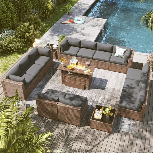 LazySunsets 15 Piece Outdoor Patio Furniture Set with 44'' Fire Pit Table, Outdoor Patio Furniture Set with 4'' Thicken Cushion, Wicker Rattan Outdoor Conversation Set for Backyard & Garden, Grey