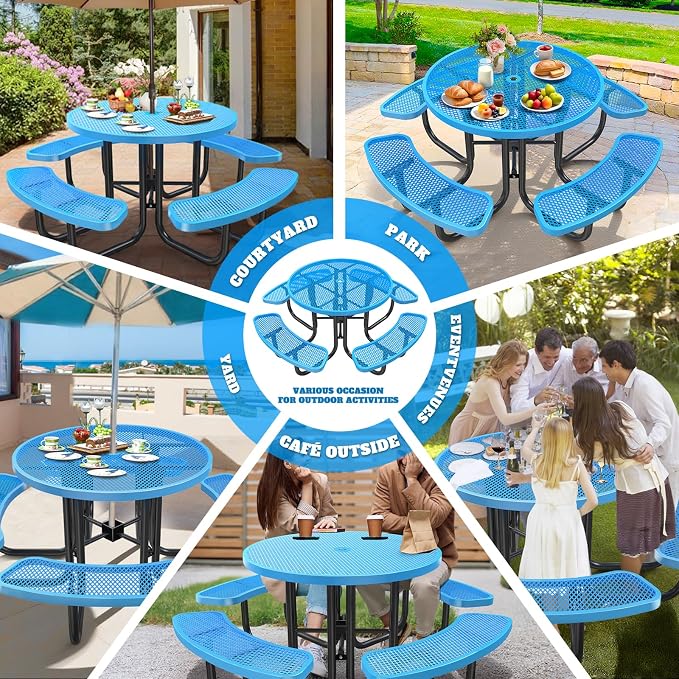 46IN Round Outdoor Picnic Table with Attached Seats, Heavy-Duty Metal Expanded Mesh Patio Table, 1600LBS Load Capacity Commercial-Grade Table for Park, Backyard, Deck, Blue