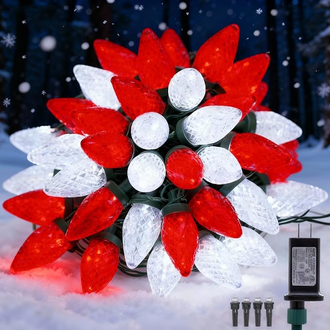 C9 LED Christmas Lights Outdoor,33 Feet 50 LED 8 Lighting Modes Waterproof Connectable Christmas String Lights for Outside Roofline Patio Home Xmas Decorations (Red & White)