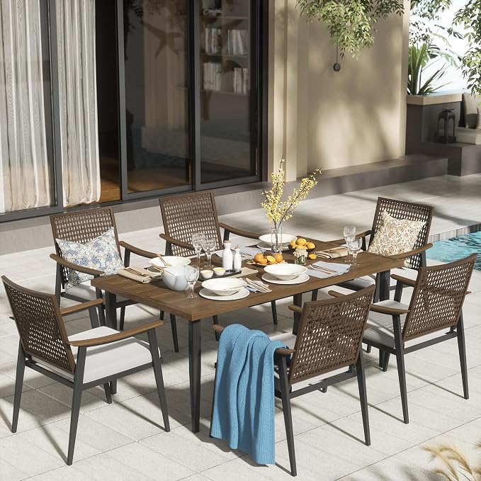 NATURAL EXPRESSIONS 7 Piece Patio Dining Set for 6,Rattan Wicker Swivel Patio Dining Chairs with Cushions,Aluminum Woodgrain Armrest, 65" Large Dining Table with Umbrella Hole for Yard, Garden,Pool
