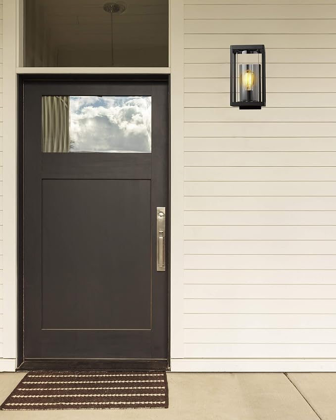Beionxii Dusk to Dawn Outdoor Wall Lights, Modern Exterior Wall Sconces Porch Lantern, Black Cast Aluminum w/Clear Cylinder Glass - A291W-2PK