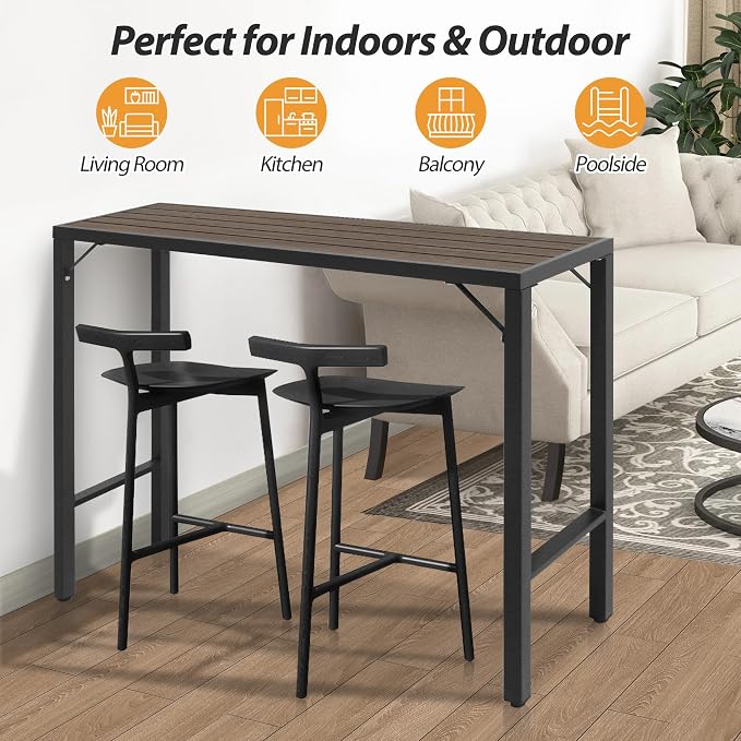 Outdoor Bar Table, 55” Patio Bar Height Table, Bar Counter Pub Dining Table with Waterproof Top for Balcony, Garden, Yard, Poolside (Brown), BTZ001-140Br