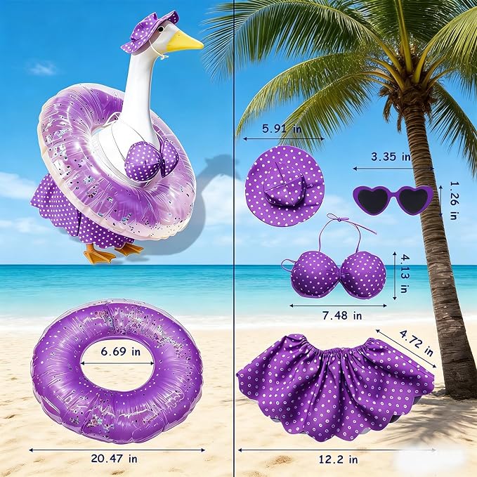 Bikini Porch Goose Outfits,Porch Goose Summer Outfits Swimsuit with Hat Sunglasses & Swim Ring,Fit 23'' Lawn Goose Statue for Summer Outdoor Garden Lawn Yard Decor (Purple)