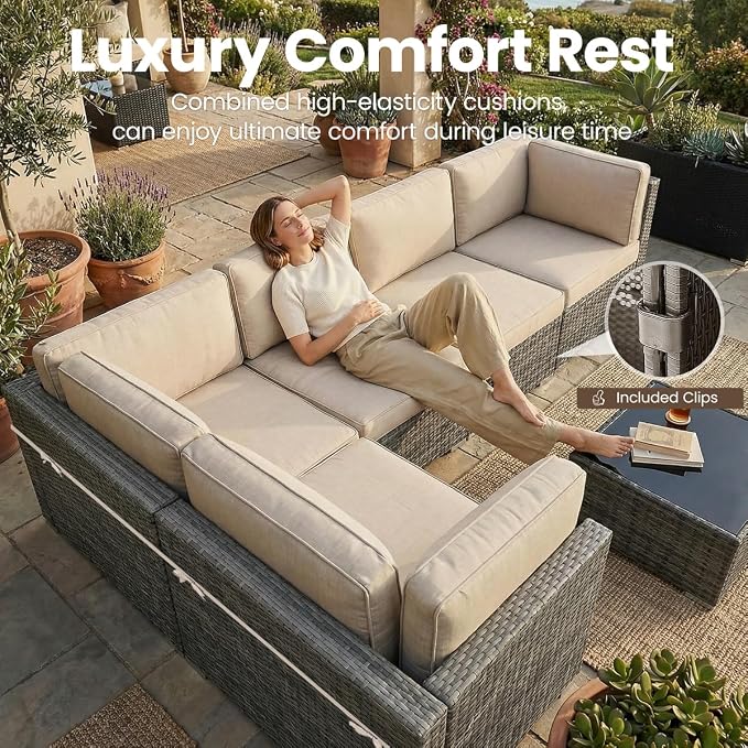 15 Pieces Patio Furniture Set with 44" Propane Gas Fire Pit Table, Outdoor Sectional Wicker Conversation Sofa Sets with Coffee Table