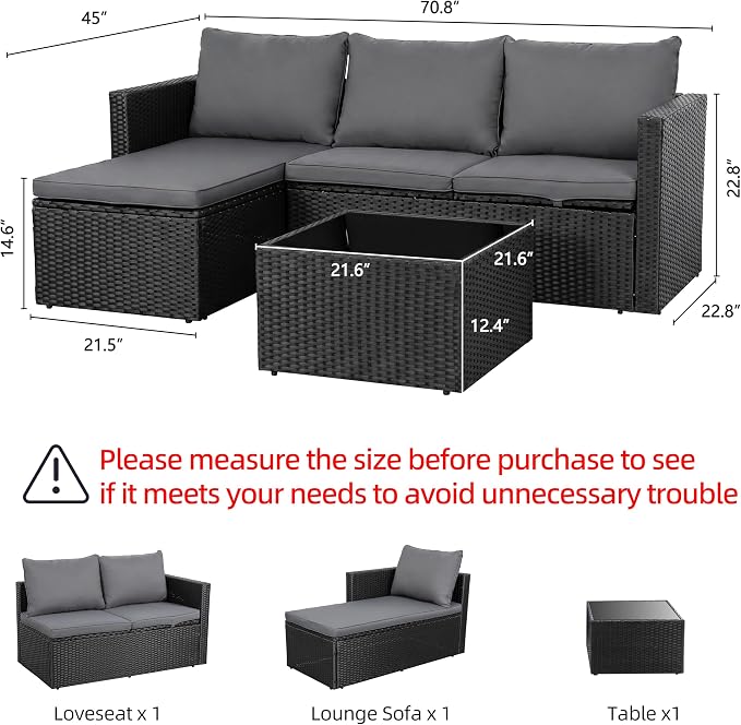 Shintenchi 4 Pieces Patio Furniture Set, 2-in-1 Convertible Sectional Sofa & Chaise Lounge, All-Weather Wicker Rattan Sofa Couch with Cushions & Coffee Table for Yard, Garden, Porch, Poolside (Gray)