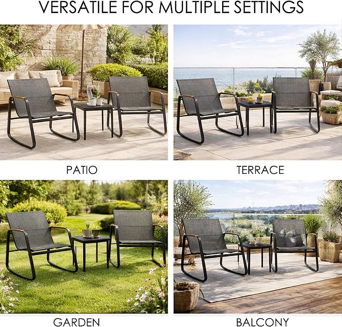 Kozyard 3-Piece Rocking Chair Set, Outdoor Rocking Textilene Bistro Set with Wooden Armrests, Outdoor Conversation Set with Glass Table for Lawn, Porch, Yard, Garden, Balcony, Poolside, Gray