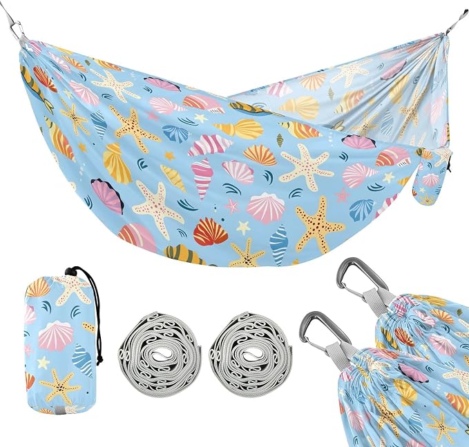 Camping Hammock Outdoor Hammocks for Outside Hand Drawn Sea Shells Beach Trees Portable Lightweight with Pockets Tree Straps Indoor