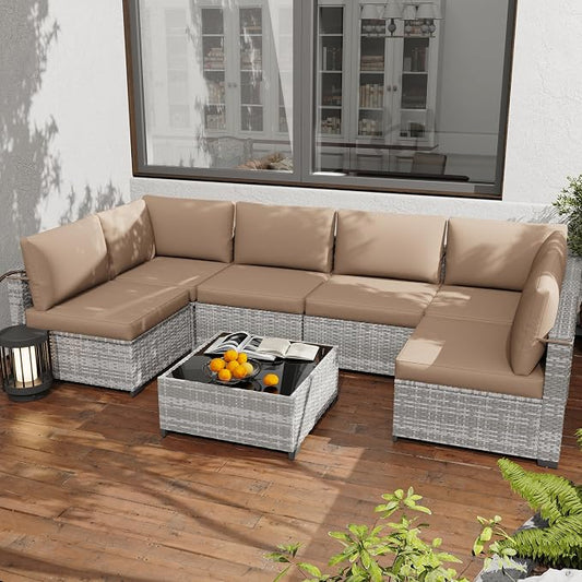 KIGOTY 7-Piece Patio Furniture Set, All-Weather PE Rattan Outdoor Sectional Sofa, Modular Wicker Conversation Set with Thick Cushions & Easy-Clean Coffee Table（Grey White/Camel）