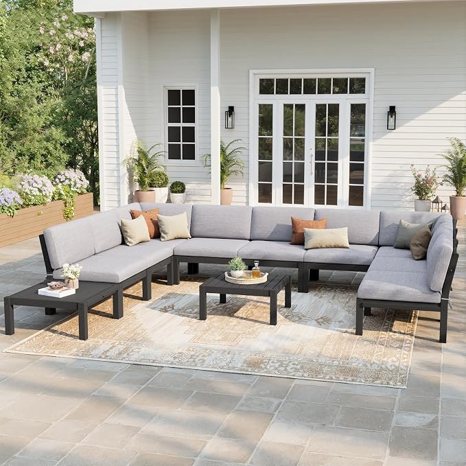 Stoog 11-Piece U-Shaped Patio Sectional Sofa Set, All-Weather Modular & Convertible Patio Furniture - Create L-Shape or Straight Configurations, Black