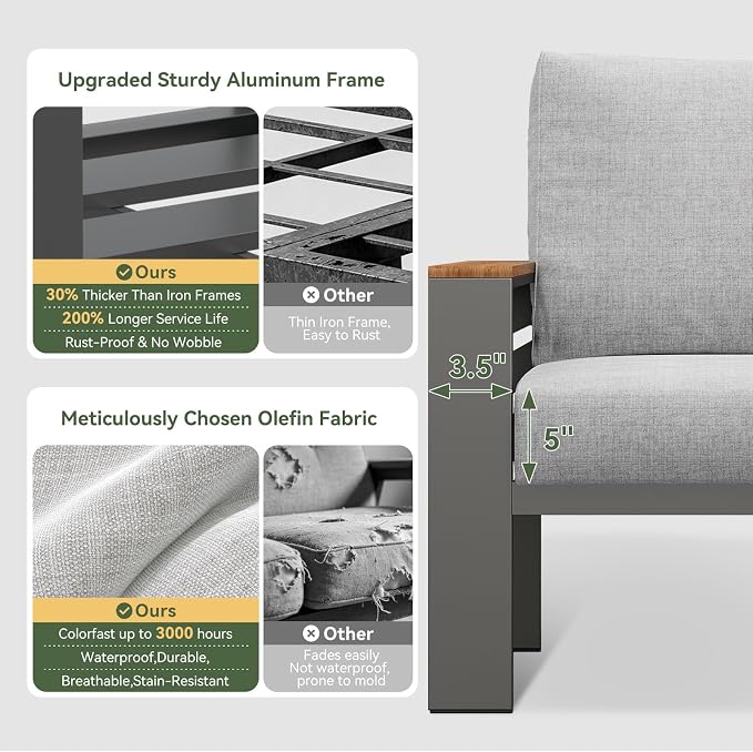 Aoxun Patio Furniture Set, 4 Piece Aluminum Patio Sets with 5" Thicken & Washable Cushion, Waterproof Outdoor Furniture with Coffee Table, Outdoor Couch Sectional for Backyard, Porch and Garden