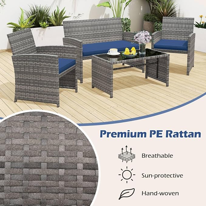 RELAX4LIFE 4-Piece Patio Furniture Set - Wicker Rattan Outdoor Sectional Sofa Set w/Glass Coffee Table, Loveseat, 2 Single Chairs & Soft Cushions, Bistro Conversation for Garden Porch (1, Navy)