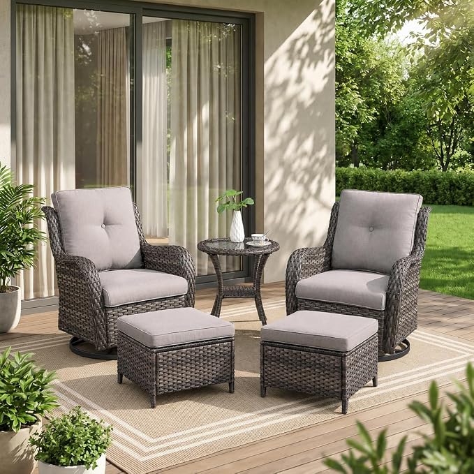 Rilyson Wicker Patio Furniture Set - 5 Piece Rattan Outdoor Sectional Conversation Sets with 2 Swivel Rocking Chairs,2 Ottomans and 1 Side Table for Porch Deck Garden(Mixed Grey/Grey)