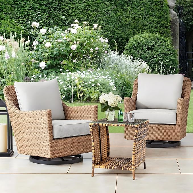 HOMSUPPLIE'S Outdoor Rattan Side Table with Storage, Square Patio Coffee Table w/Tempered Glass Top, Wicker End Table for Porch, Balcony, Poolside & Backyard(Yellow,Tempered Glass sty.3)