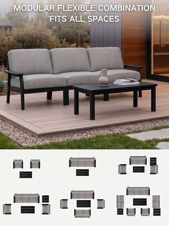 AreShark 3-Piece HDPE Patio Conversation Set, All Weather Outdoor Couch Set with Thick Cushions, Outdoor Sectional Outdoor Sofa Set for Lawn, Deck, Backyard, Black & Grey