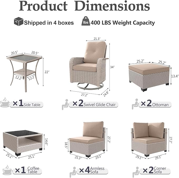 Patio Furniture Set, 12-Piece Outdoor Sectional Sofa with Swivel Rocker Chairs & Ottomans, Wicker Patio Conversation Set with Coffee Table, Khaki Cushions