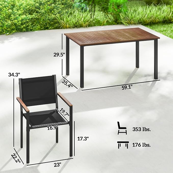 Outsunny 5 Piece Outdoor Dining Set, Outdoor Table and Chairs for 4, 59" Rectangular Acacia Wood Tabletop and 352 LBS Mesh Stackable Chairs, Patio Set for Garden, Backyard, Deck, Teak