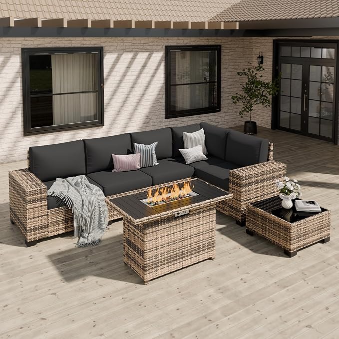 Patio Furniture Set, Wide Armrest Outdoor Furniture Set with 44" Fire Pit Table Thick Cushions, 7 Piece Wicker Rattan Patio Sectional Sofa for Backyard, Poolside, Garden