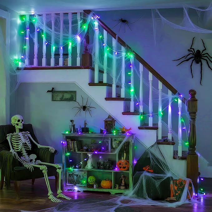 JMEXSUSS Connectable Purple and Green Halloween Lights Plug-in | 8 Modes 100 LED Twinkle String Light Indoor, Clear Wire Christmas Lights Outdoor Waterproof for Halloween Christmas Decor