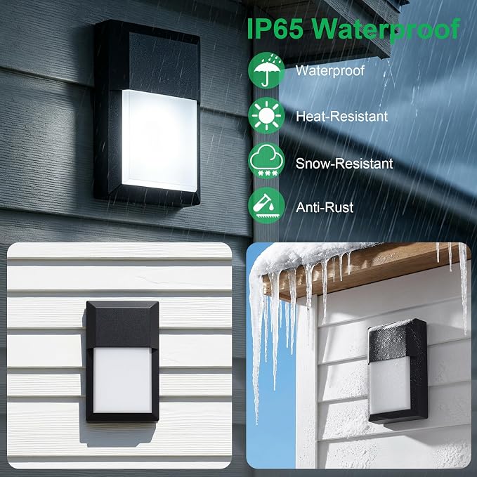 Outdoor Porch Light, LED Wall Sconce, Rustproof Aluminum | Modern Exterior Wall Light Fixture for House, Patio, Garage, 12W 1000 Lumen, Waterproof, 5000K, Black, 2 Pack