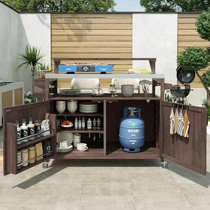 RUNNA Outdoor Kitchen Island with Raised Shelf,Solid Wood Storage Cabinet with Stainless Steel Top,Outdoor Rolling Grill Cart with Internal Storage Rack, Adjustable Shelf,Spice Rack (Brown#028)