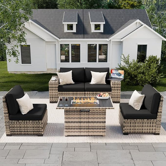 Amopatio 5 Piece Patio Furniture Set with 8" Armrest & 44" Fire Pit Table, Outdoor Wicker Rattan Sectional Sofa Conversation Set for Backyard, Garden, Poolside(Black Cushion)