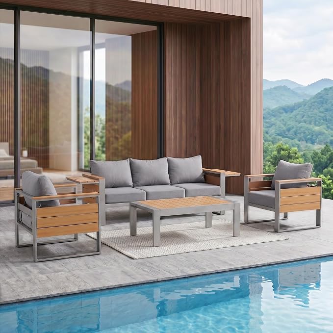 Sundale Outdoor Aluminum Patio Furniture Set, 4 Piece Metal Patio Conversation Sets with 5" Thick Cushions, Shimmer Coated Outdoor Couch with 2 Extendable Side Tables for Yard, Deck (Grey)