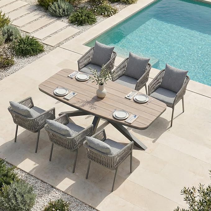 SUNSITT 7 Piece Outdoor Patio Dining Set, Patio Dining Furniture Set with 87” Aluminum Dining Table w/X Base Legs and 6 Woven Rope Outdoor Patio Chairs w/Curved Armrest for Garden, Dark Grey