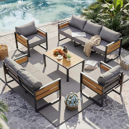 Furnimart Patio Furniture Set, 5-Piece Metal Outdoor Sectional, 7-Seat Patio Conversation Set with Deep Seating, Thick Cushions & Coffee Table for Backyard, Porch & Deck, Gray