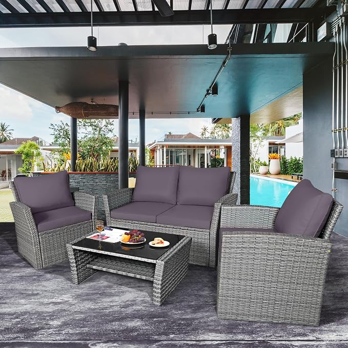 COSTWAY 4 Pieces Patio Rattan Furniture Set, Outdoor Wicker Sofa Set with Tempered Glass Coffee Table, Cushions, All Weather Rattan Conversation Set for Yard Balcony Backyard Pool (Grey)
