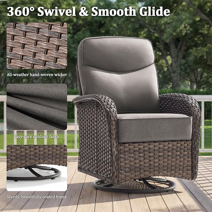 Outdoor Swivel Rocking Chair Patio Set (3-Piece), High-Back - Thick Cushion Swivel Rocking Chair Patio Set, All-Weather Wicker Patio Furniture Set, Suitable for Balcony Patios, Brown/Gery