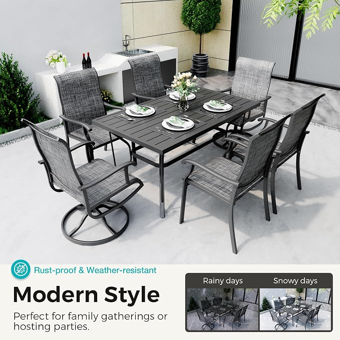 Pamapic 7-Piece Outdoor Dining Set, Patio Dining Set for 6, All-Weather Outdoor Patio Set with 2 Textilene Swivel Chairs & 4 Regular Chairs for Garden, Poolside, Deck，Gray