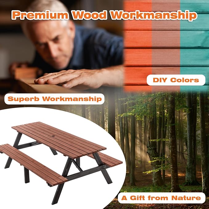 Hohuqeri Picnic Table Bench Set for 8 Persons, 6FT Large Camping Table, Wood Outdoor Dining Beer Table Set with 2” Umbrella Hole, for Patio Lawn Garden (Brown & Black)