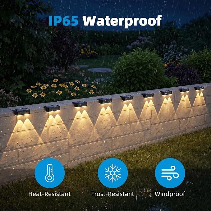 6 Pack Solar Fence Lights Outdoor, Railing Light Solar Powered, IP65 Waterproof Led Deck Solar Lights for Outside Backyard Balcony Porch, Warm White