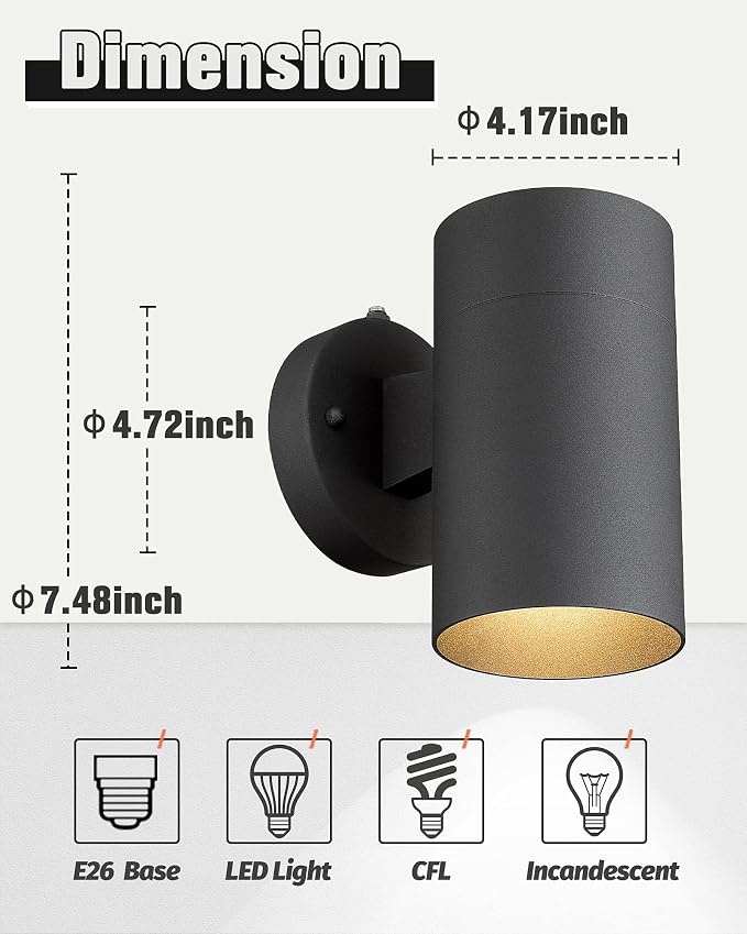 Ken & Ricky Dusk to Dawn Outdoor Wall Sconce Lights,Cylinder，Black ，2 PK | With Photocell Sensor,No Glare Exterior Lighting Fixtures,Outside Wall Light For House Front Porch Garage Patio Entryway