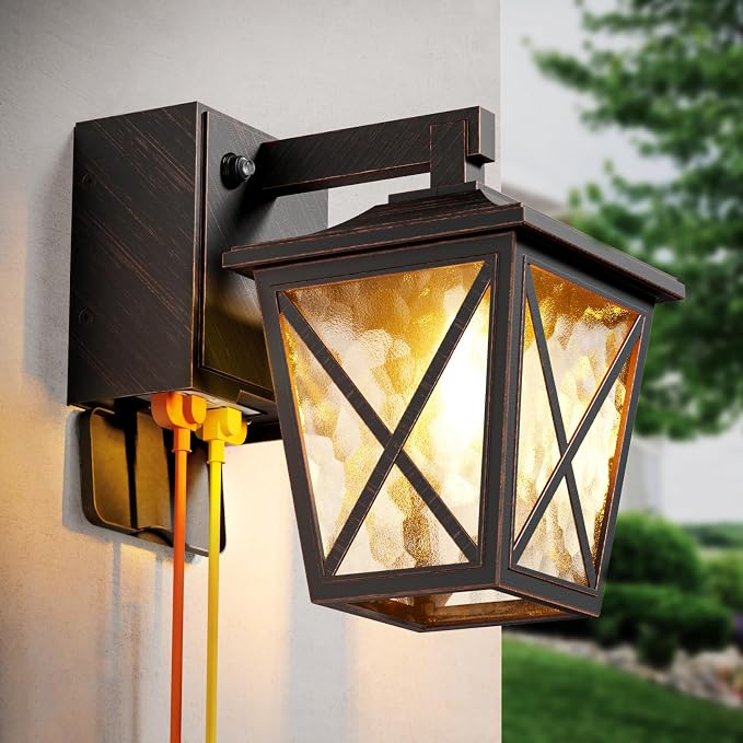 Ehaho Porch Light with GFCI Outlet Aircraft Grade Aluminum Alloy Bronze 1PC | Dusk to Dawn Outdoor Lights Waterproof IP 68 Upgraded 3 Lighting Modes Exterior Light with Plug for Front Door Patio Garage