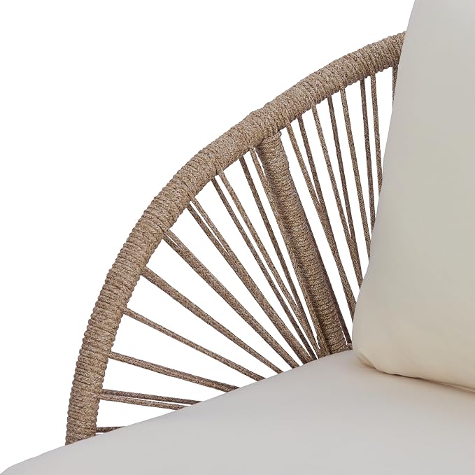 Christopher Knight Home Blanca 2 Pieces Conversation Set, Boho Patio Loveseat Sofa and Coffee Table, Acacia Wood Outdoor Loveseat and Table Set, Rope Woven Curved Loveseat with Cushions, Teak+Beige