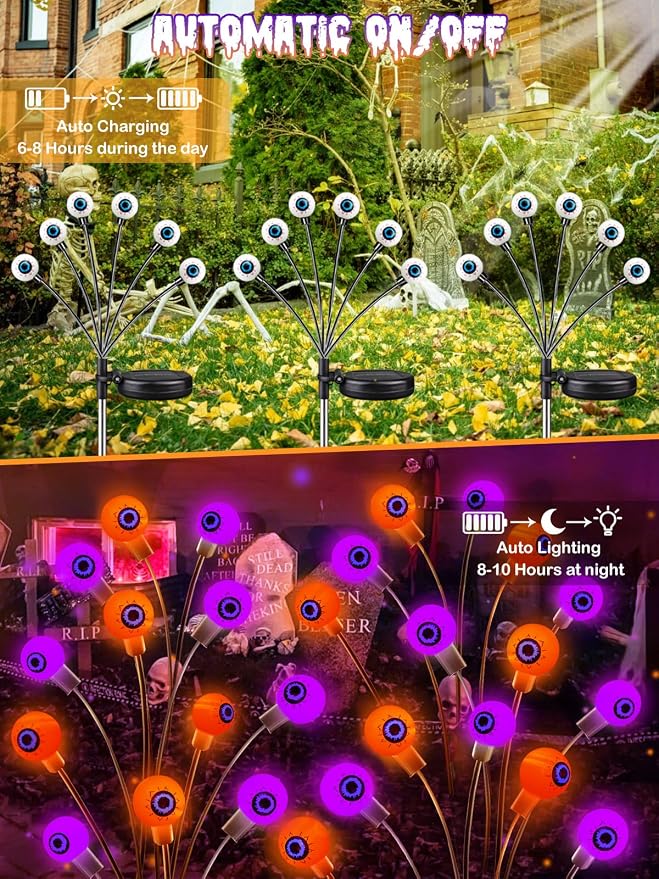 6 Pack Solar Halloween Decorations Outdoor 36 LED Solar Eyeball Lights | Orange and Purple Halloween Lights, Sway by Wind, IP65 Waterproof, 2 Modes, for Pathway Garden Yard Lawn Horror Party Decor