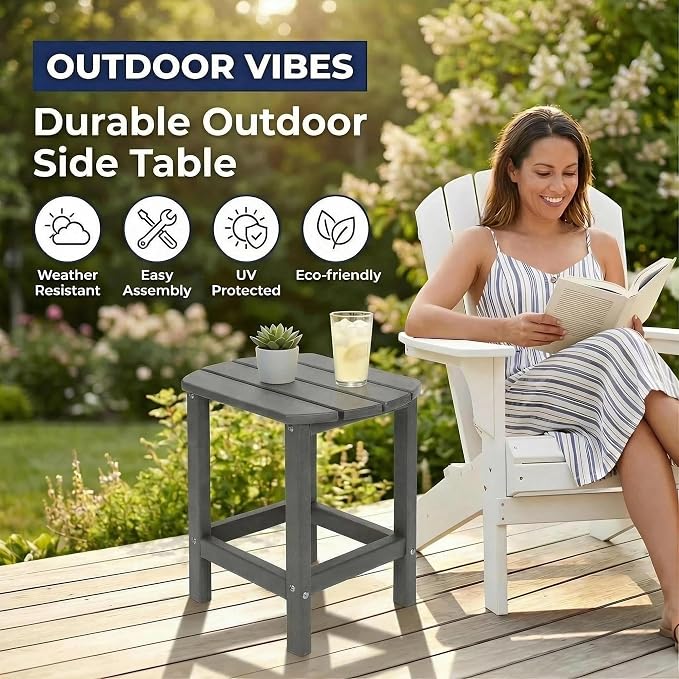 AMILY HDPE Outdoor Side Table, Weather Resistant Patio End Table, Heavy Duty Adirondack Side Table for Garden, Balcony, Poolside, Easy Assembly (Grey)