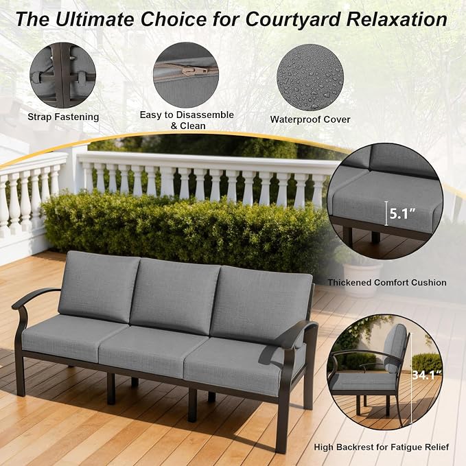 Gotland Aluminum Patio Furniture Set, 4 PCS Metal Outdoor Furniture with 45’’ Fire Pit Table Waterproof 5.1'' Seat Cushions 34.1’’ High Back, Oversized Outdoor Sectional Patio Conversation Sets, Grey