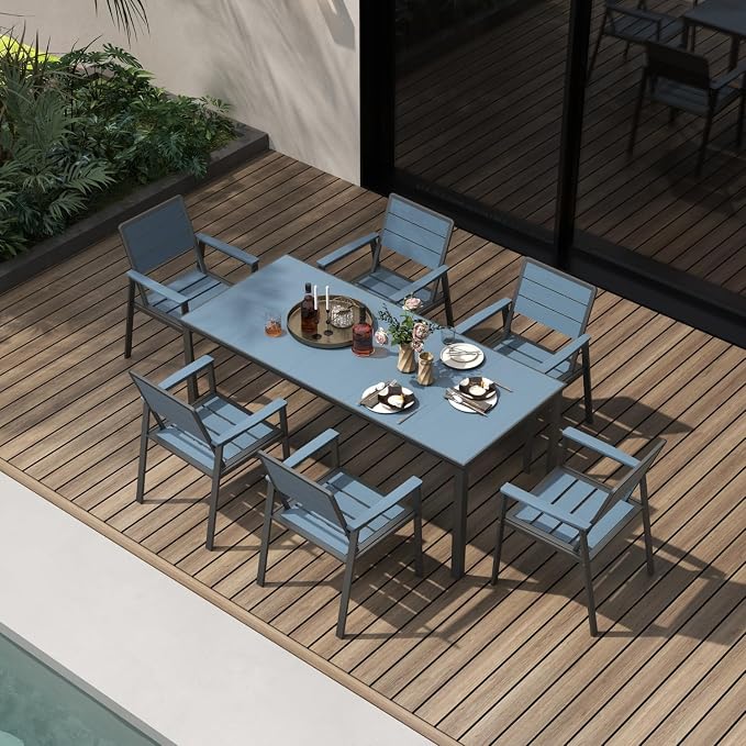 7 Pieces Outdoor Dining Set for 6, Patio Table and Chairs with Umbrella Hole, Aluminum & HDPE Weather-Resistant Furniture for Lawn, Garden, Porch, Balcony, Poolside (Navy)