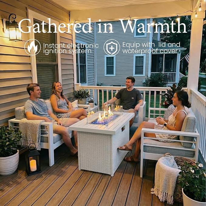 LayinSun Aluminum Furniture Set with Fire Pit Table, 4 Pieces Patio Sectional Conversation Chat Sofa Modern Seating Set
