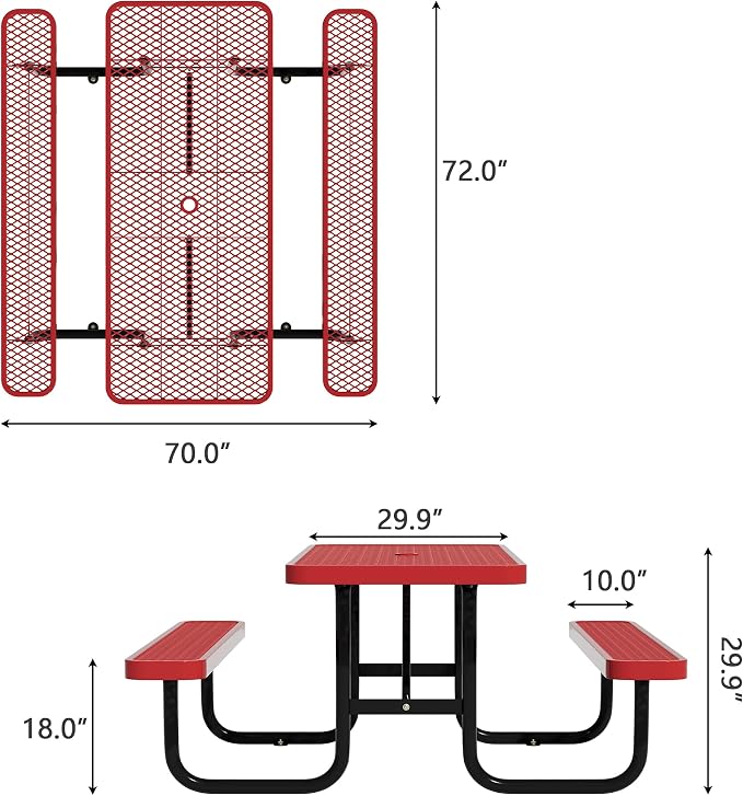 6FT Picnic Tables for Outdoors, Rectangular Commercial Metal Picnic Table Bench Set with Umbrella Hole, Heavy Duty Steel Weather-Resistant Dining Table for Patio Dining Garden Backyard BBQ School
