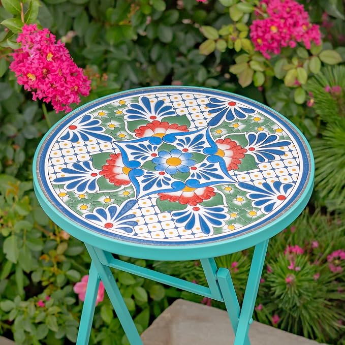 Zaer Ltd. Mosaic Tile Furniture with Teal Metal Frame and Patterned Tile Tops (Baton Rouge - Teal/Blue/Green, Folding Accent Table)