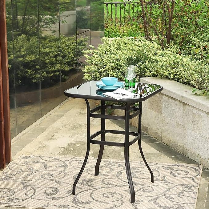 PHI VILLA Outdoor Bar Table, Bar Height Tall Patio Bistro Table, Metal Frame Tempered Glass Table High Top (Black)